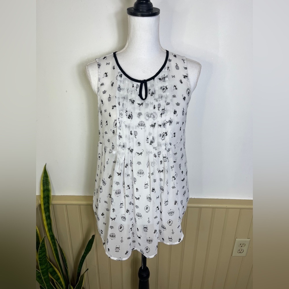 Chloe K Womens Sleeveless Black Cat Sheer Blouse M Cat Lady Top Career Casual